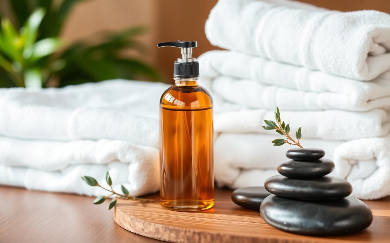 Spa wellness still life with massage oil, towels and stones