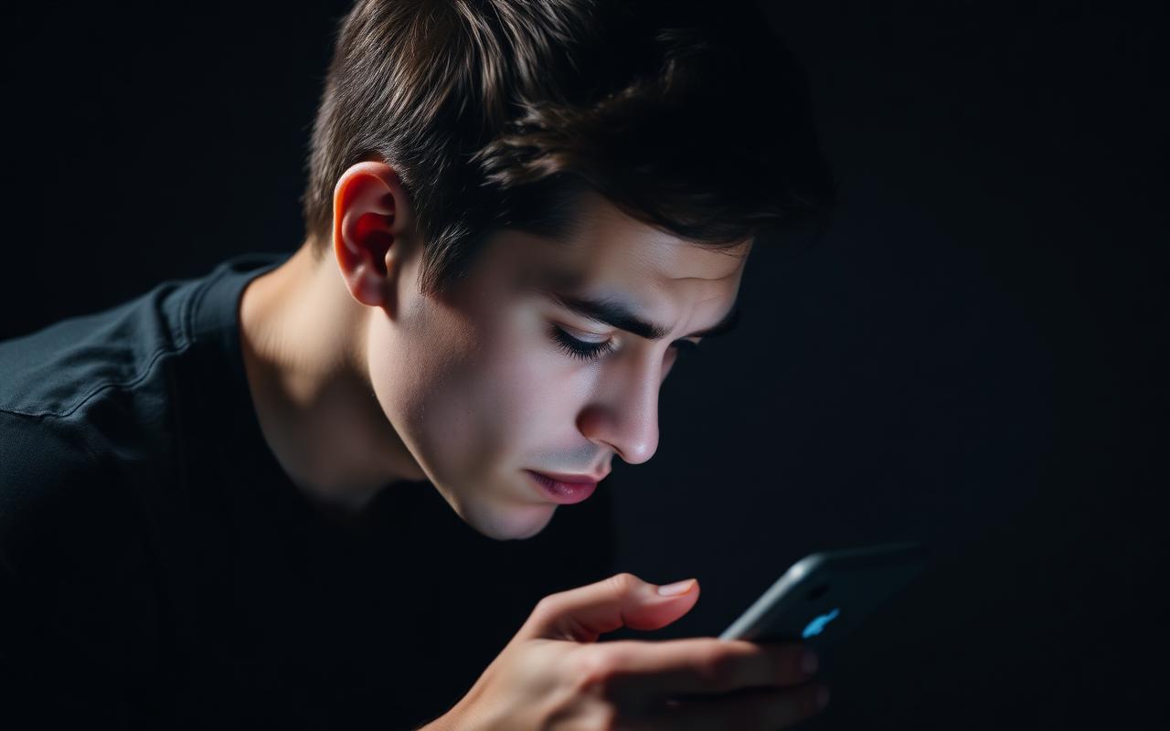 A person looking down at their smartphone with visibly tense neck and shoulders